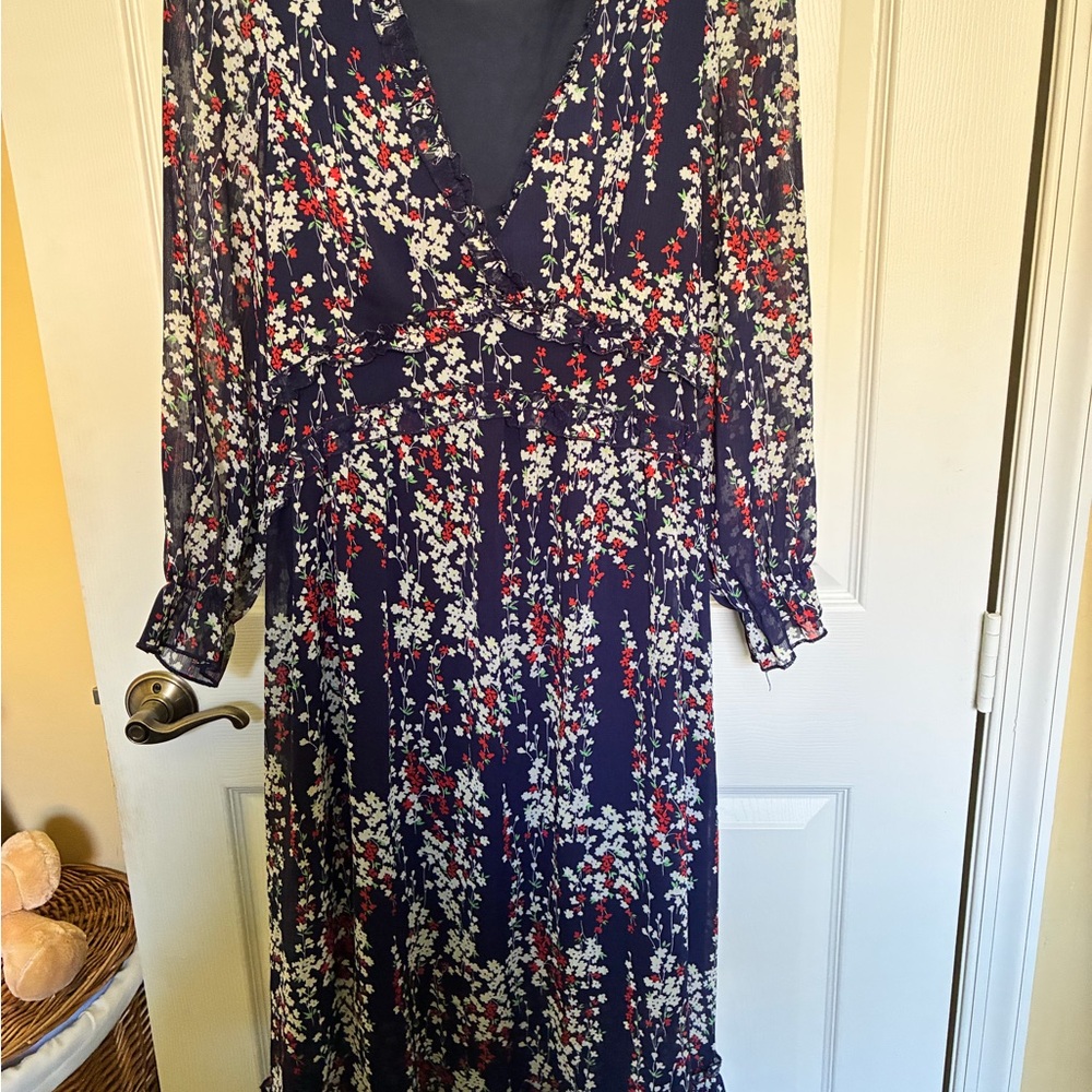 Floral V-Neck Long Sleeve Women's Dress - Navy with Red & White Floral
